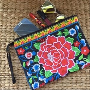 Red Pua Blossoms Embroidered Clutch Wristlet